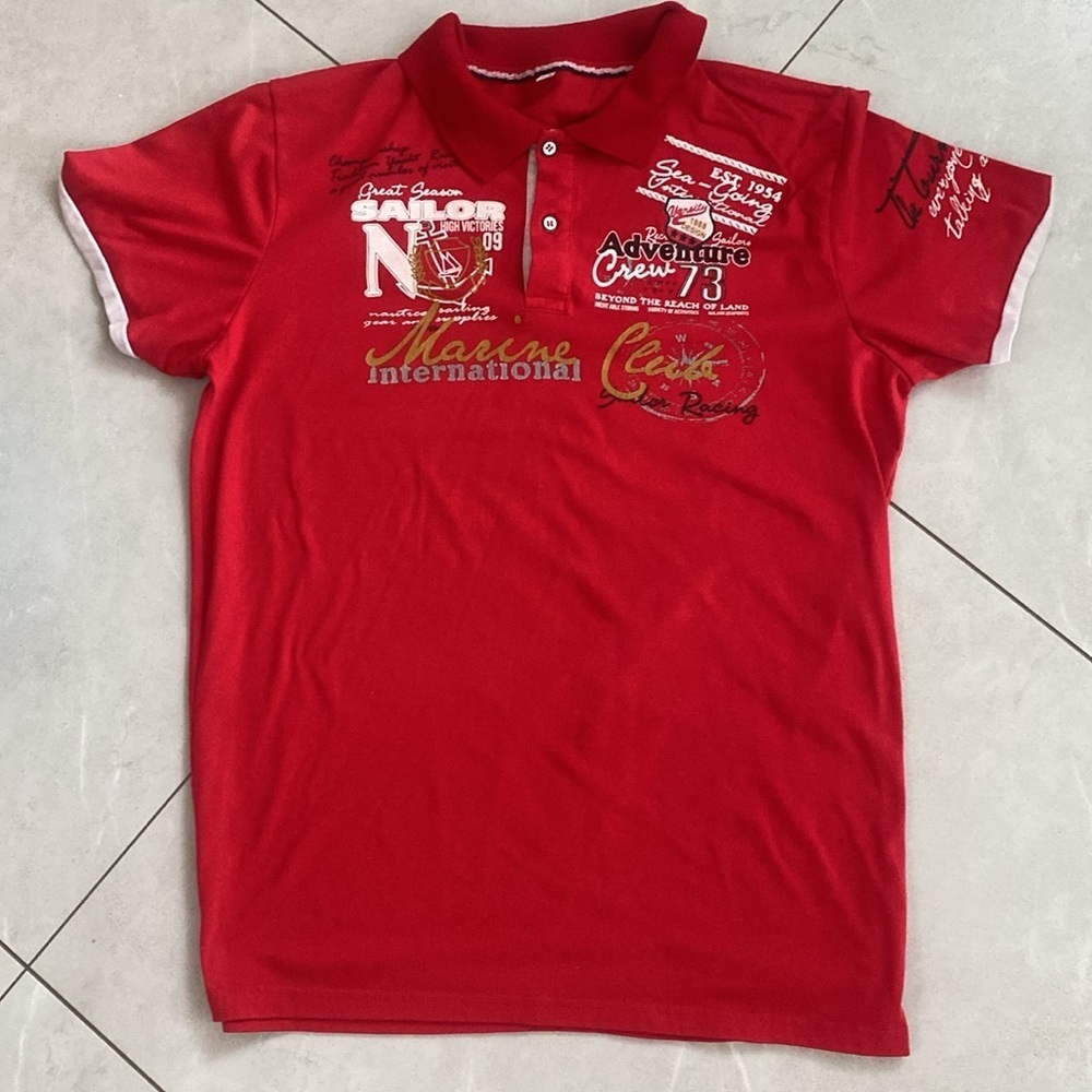 Red Graphic Polo Shirt Unisex Size Large